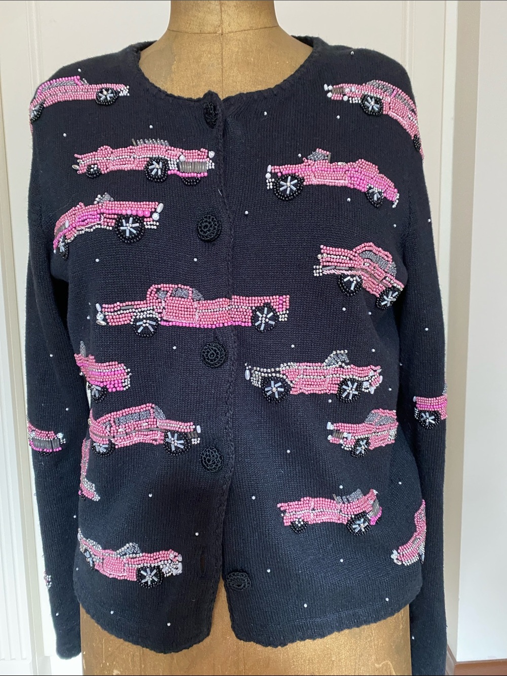 Michael Simon Black Cardigan with Pink Beaded Car Motifs